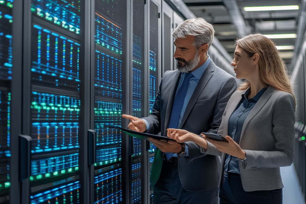 Professional man and woman in a blue data center, holding tablets while looking at the racks within the data center.